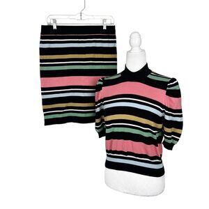 BCBGeneration Skirt Set Women Large Black Pink Striped Sweater Mini Casual